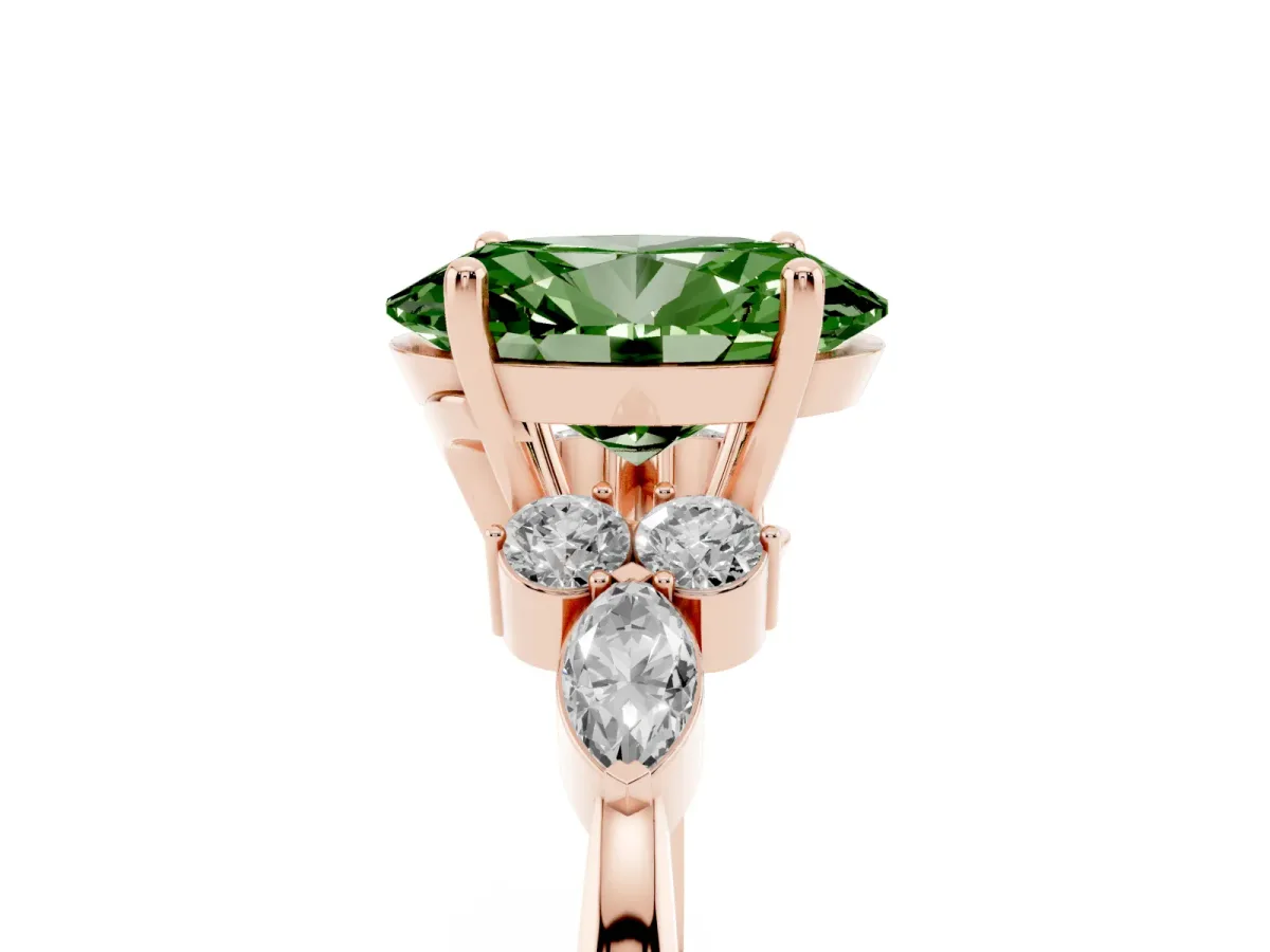 Fancy Green Oval Cut Brilliant Diamond Solitaire Ring with Pear Side Stones and Four-Prong Setting Rose gold