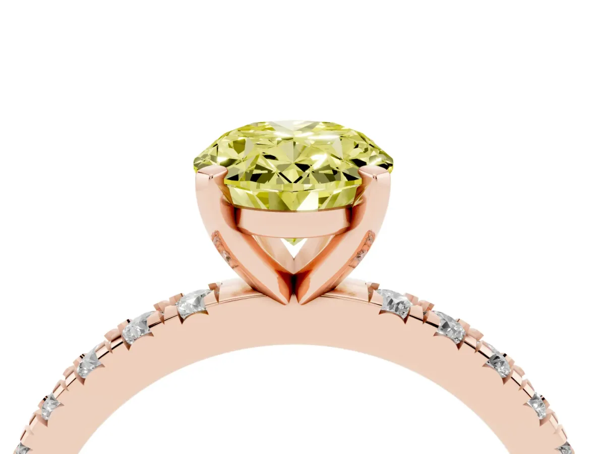 Fancy Yellow Oval Cut Diamond Pavé Band Solitaire with Four-Prong Setting Rose gold