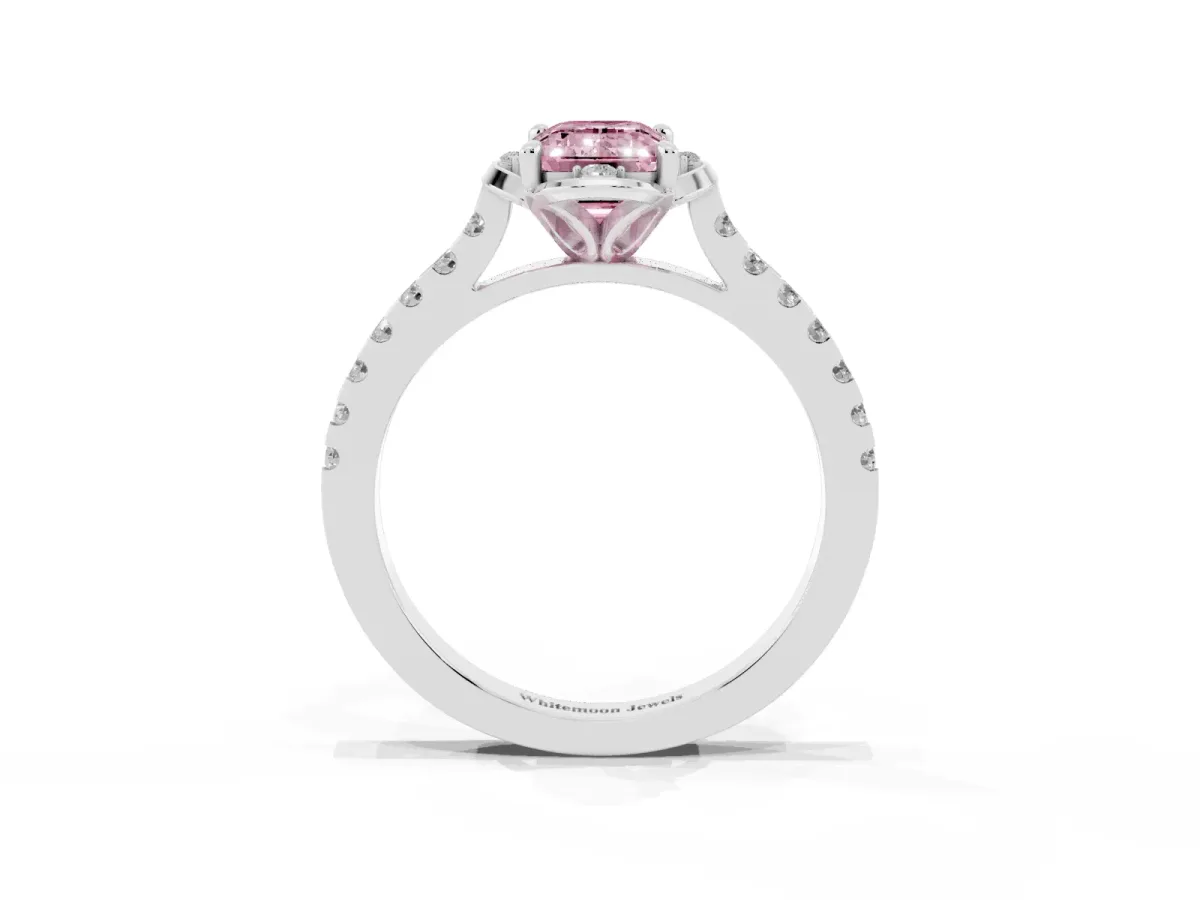 Fancy Pink Emerald Cut Diamond Ring with Pavé Band and Floral Prong Setting Silver