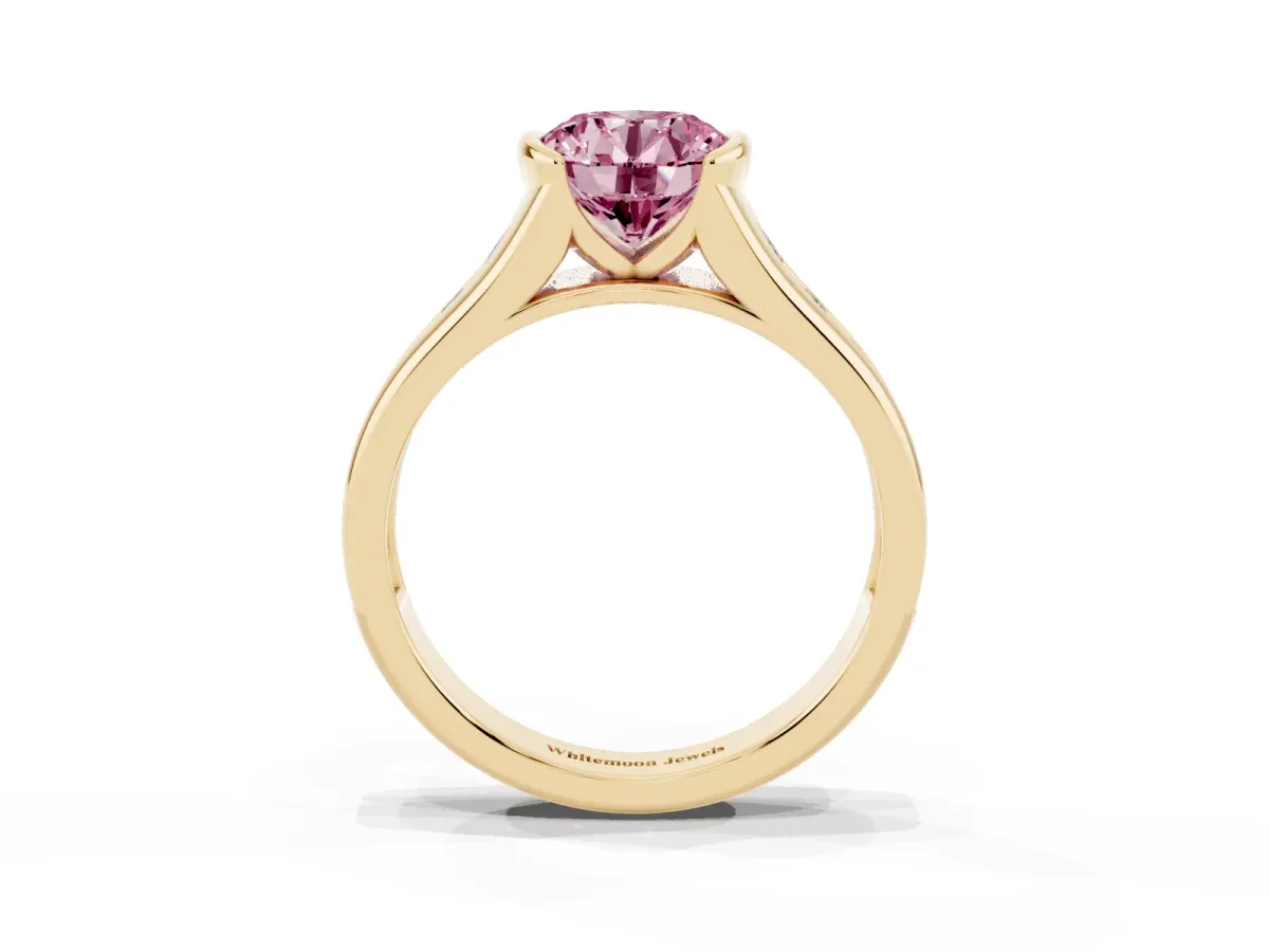 Fancy Pink Round Cut Solitaire Bezel-Set Diamond Ring with Channel-Set Band Yellow gold
