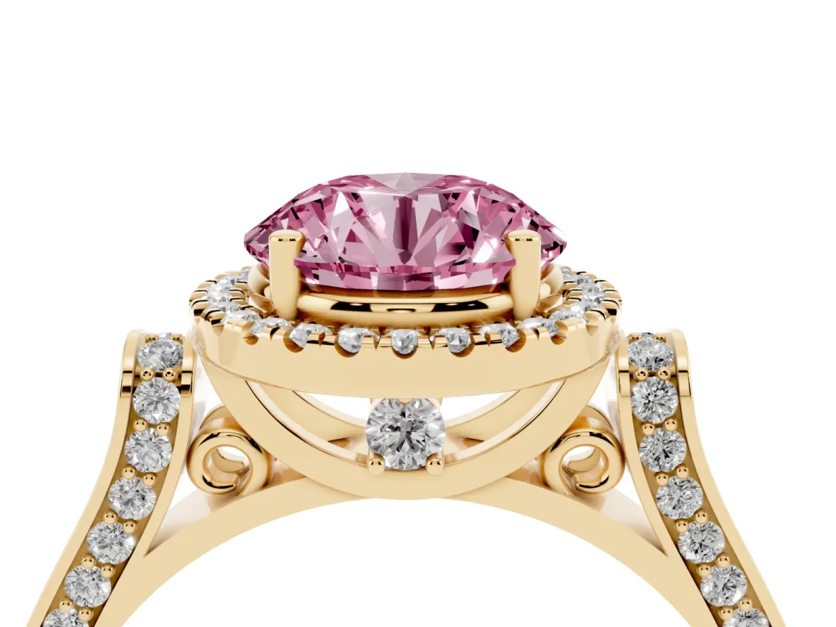 Fancy Pink Round Cut Halo Pave Split Shank Prong Setting Ring Yellow gold