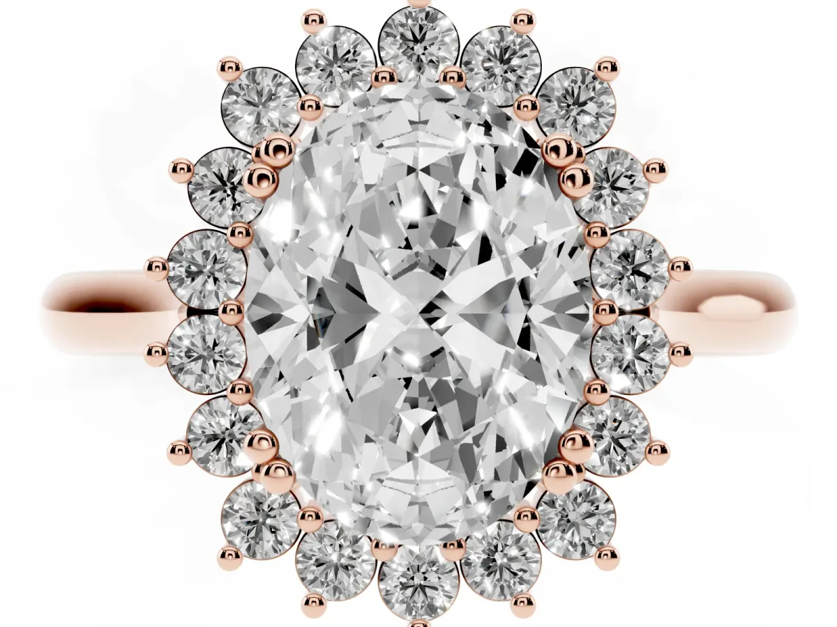 Oval Cut Cut Diamond Halo Ring with Solitaire Band and Prong Setting Rose gold