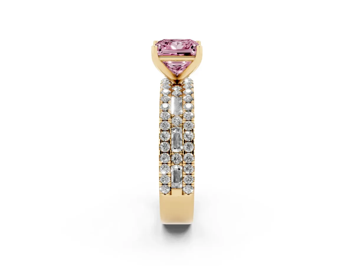 Fancy Pink Princess Cut Diamond Solitaire Ring with Pavé and Channel Set Band Yellow gold