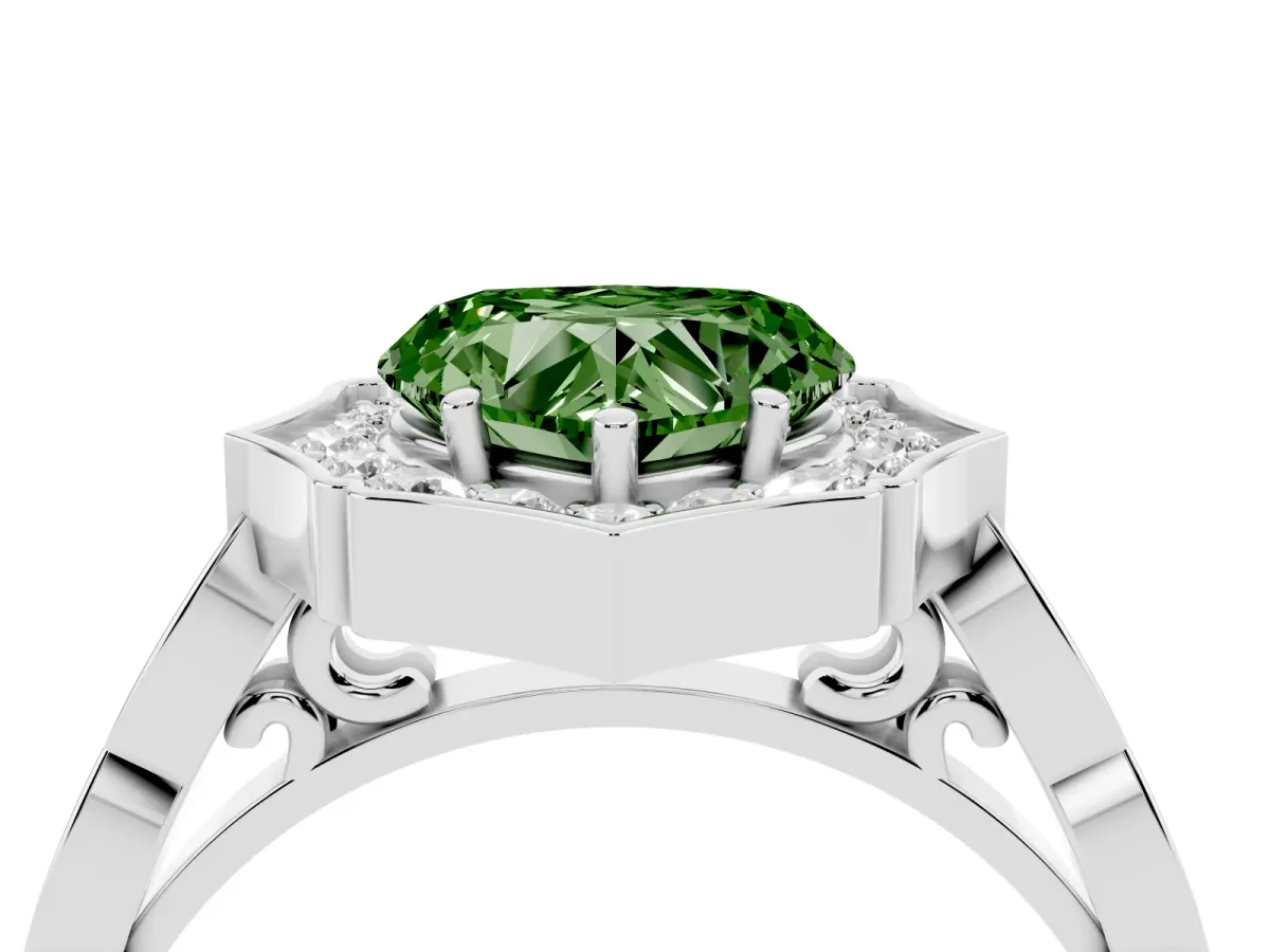 Fancy Green Heart Cut Halo Diamond Engagement Ring with Milgrain Band and Four-Prong Setting Silver
