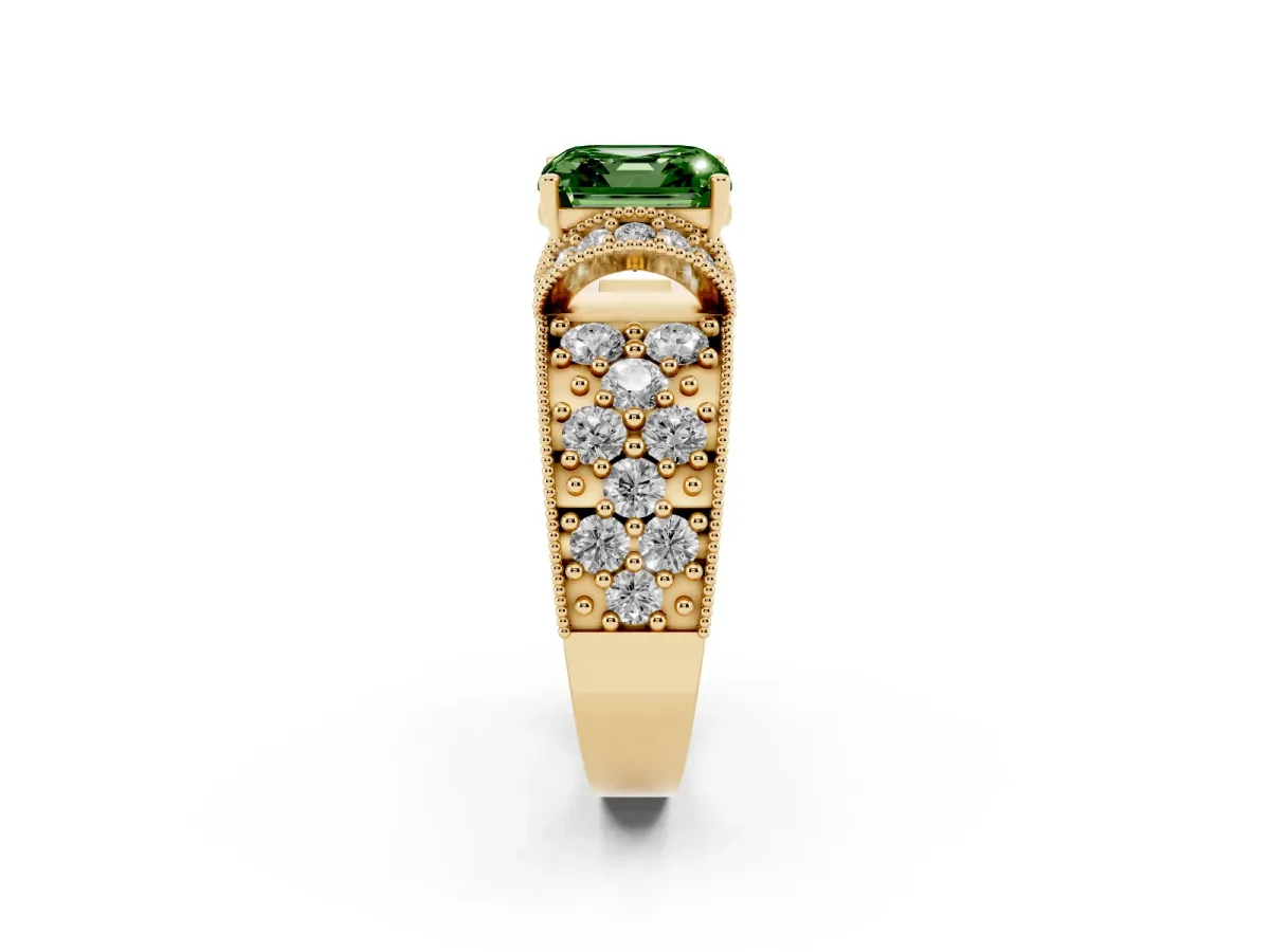 Fancy Green Asscher Cut Halo Pave Diamond Engagement Ring with Milgrain Detailing Yellow gold