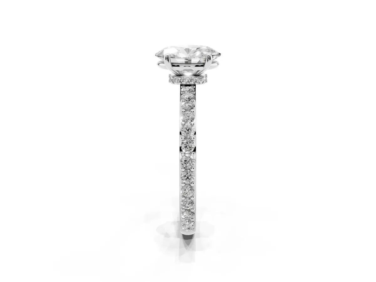 Oval Cut Diamond Pavé Engagement Ring with Round Accents and Prong Setting Silver