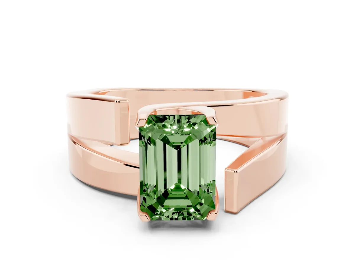 Fancy Green Modern Tension Set Emerald Cut Diamond Solitaire Wide Band Ring Rose gold