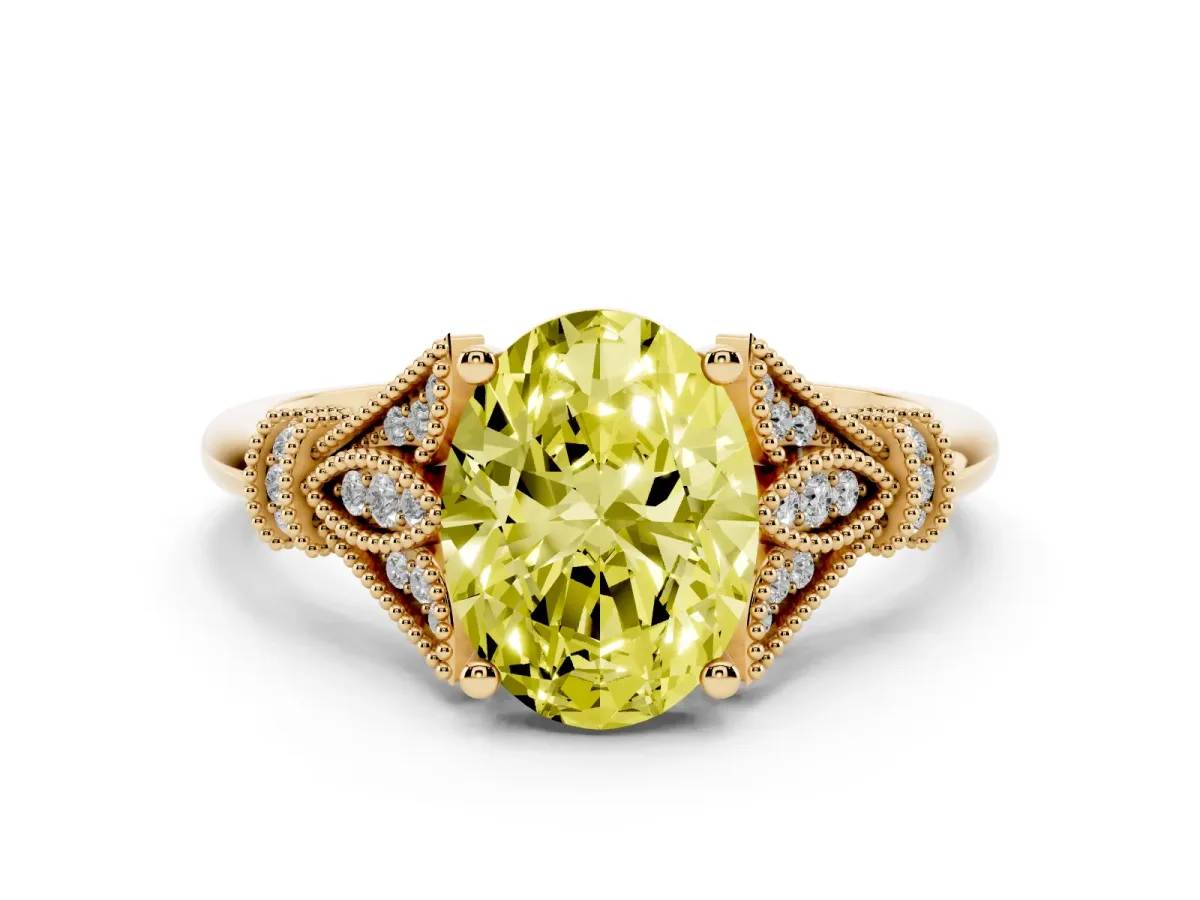 Fancy Yellow Oval Cut Diamond Solitaire Ring with Floral Filigree and Pave Accents Yellow gold