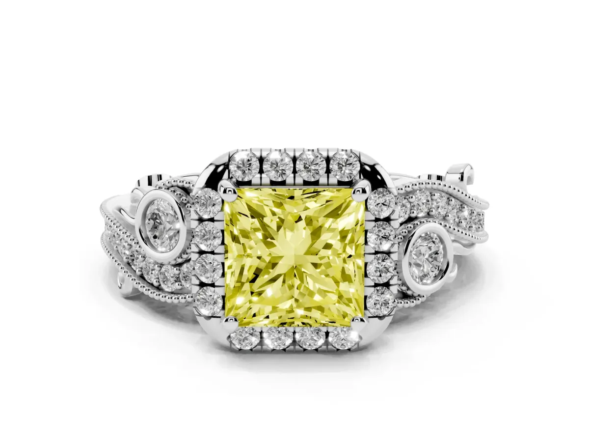 Fancy Yellow Princess Cut Diamond Halo Ring with Milgrain Pavé Band and Four-Prong Setting Silver