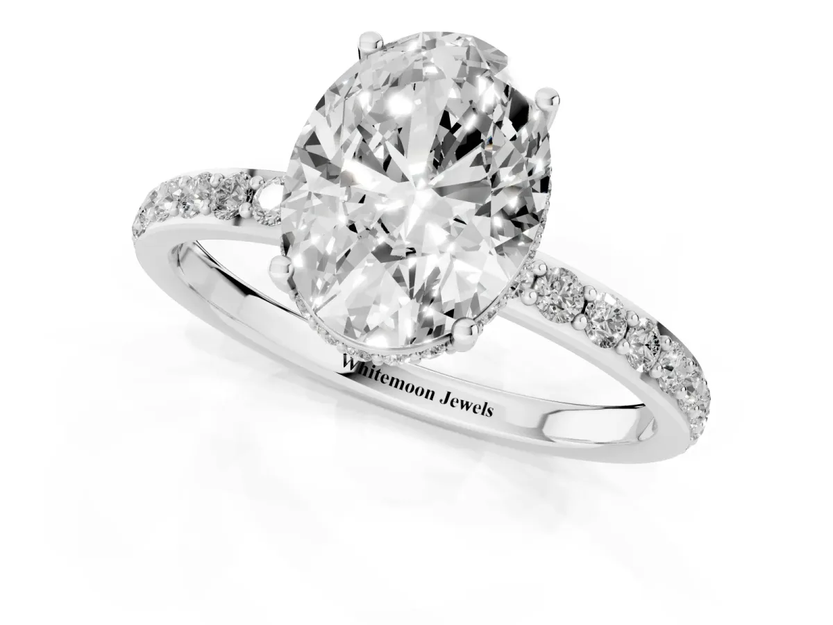 Oval Cut Diamond Solitaire Ring with Pavé Band and Hidden Halo Silver