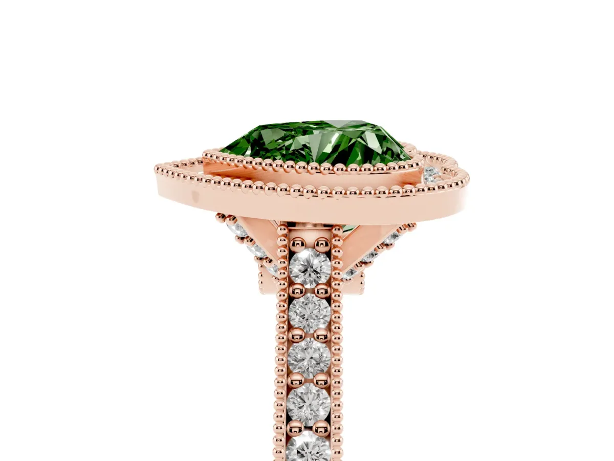 Fancy Green Halo Heart Cut-Cut Diamond Pave Band Milgrain Prong Setting Ring Rose gold