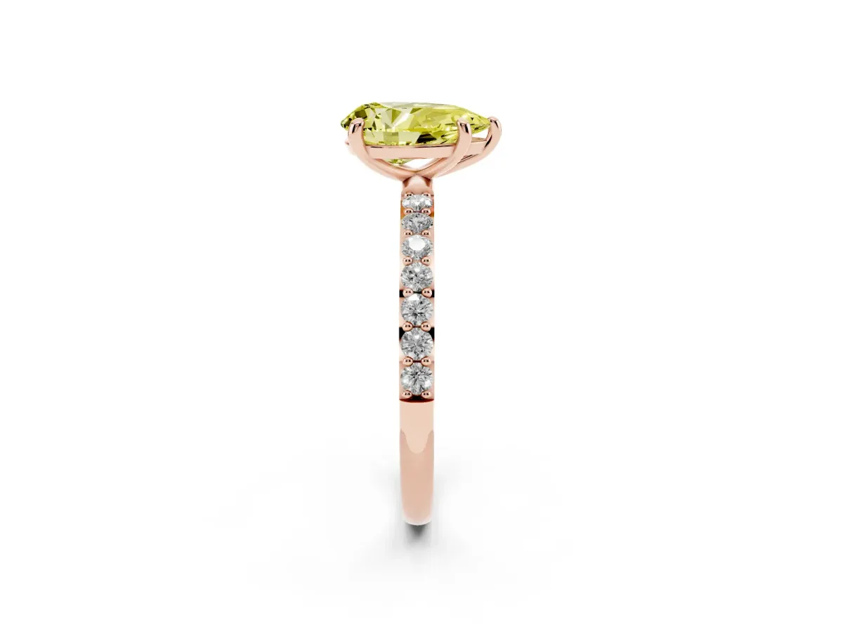Fancy Yellow Pear Cut Diamond Solitaire Ring with Round Pavé Band and Prong Setting Rose gold