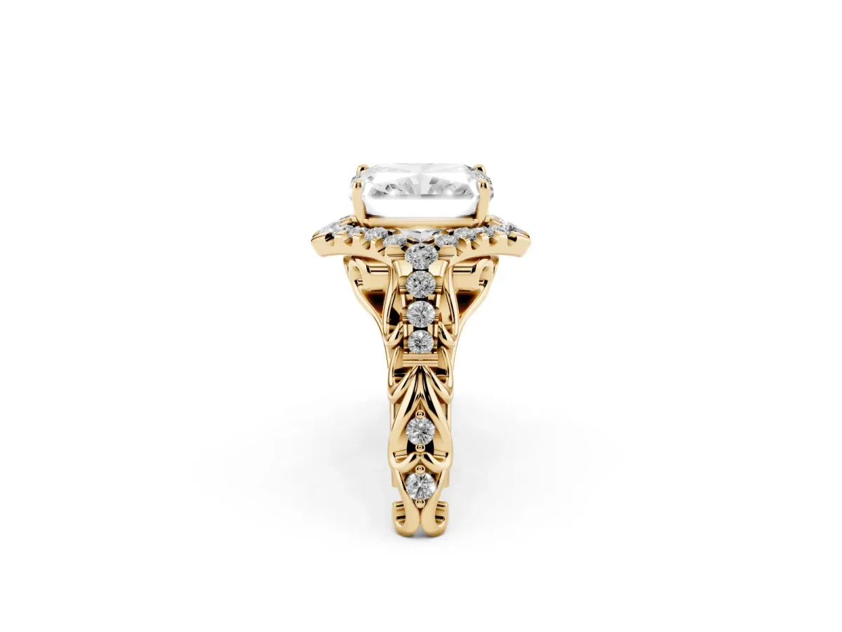 Radiant Cut Diamond Solitaire Ring with Hidden Halo and Pavé Band Yellow gold