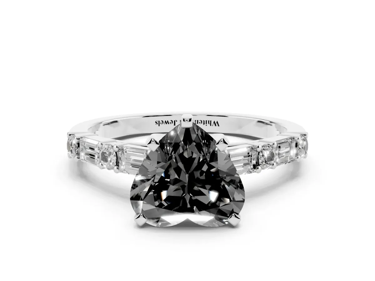Fancy Black Heart Cut Diamond Solitaire with Side Baguettes and Channel Set Band Silver