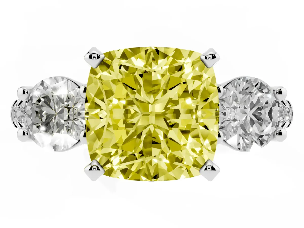 Fancy Yellow Three-Stone Cushion Cut Diamond Pavé Band with Four-Prong Setting Silver