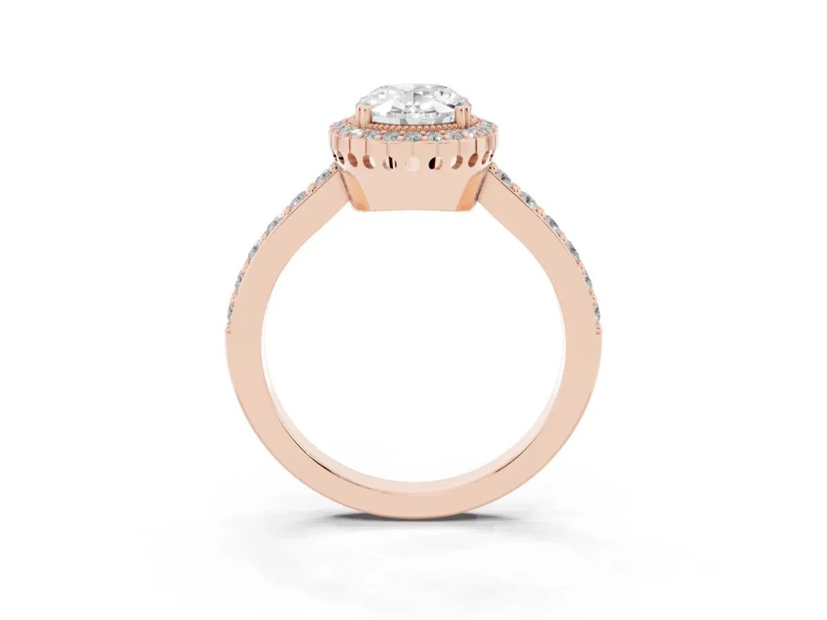 Oval Cut Cut Diamond Halo Engagement Ring with Milgrain Detail and Pavé Band Rose gold