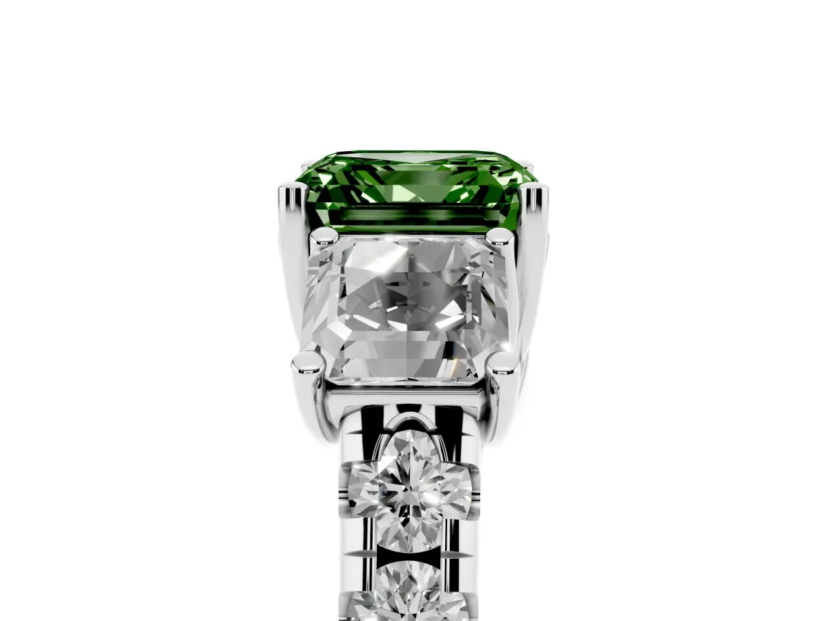 Fancy Green Three-Stone Asscher Cut Diamond Pavé Band with Prong Setting Platinum