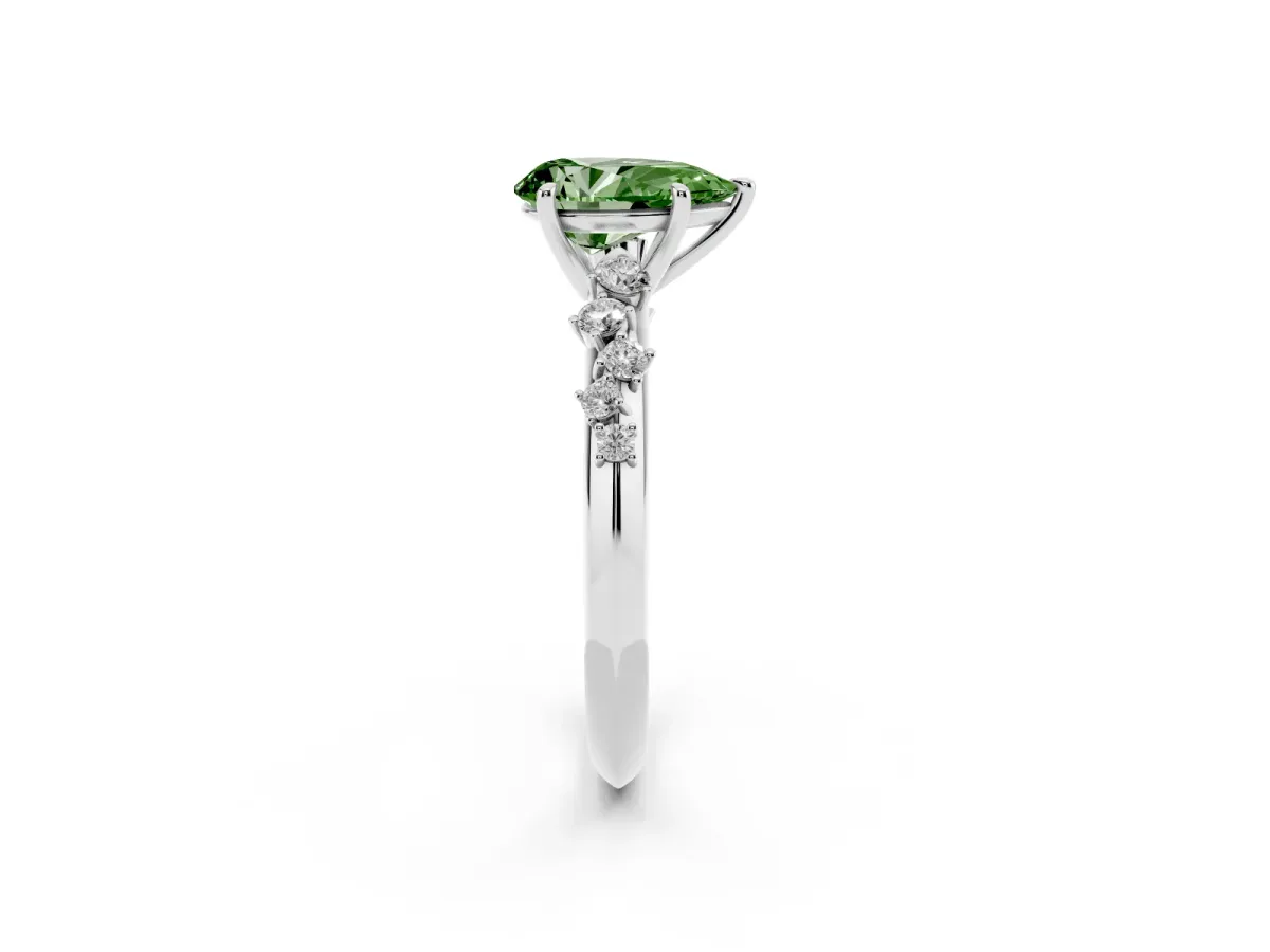 Fancy Green Pear Cut Diamond Cluster Side Stone Solitaire Ring with Prong Setting Silver