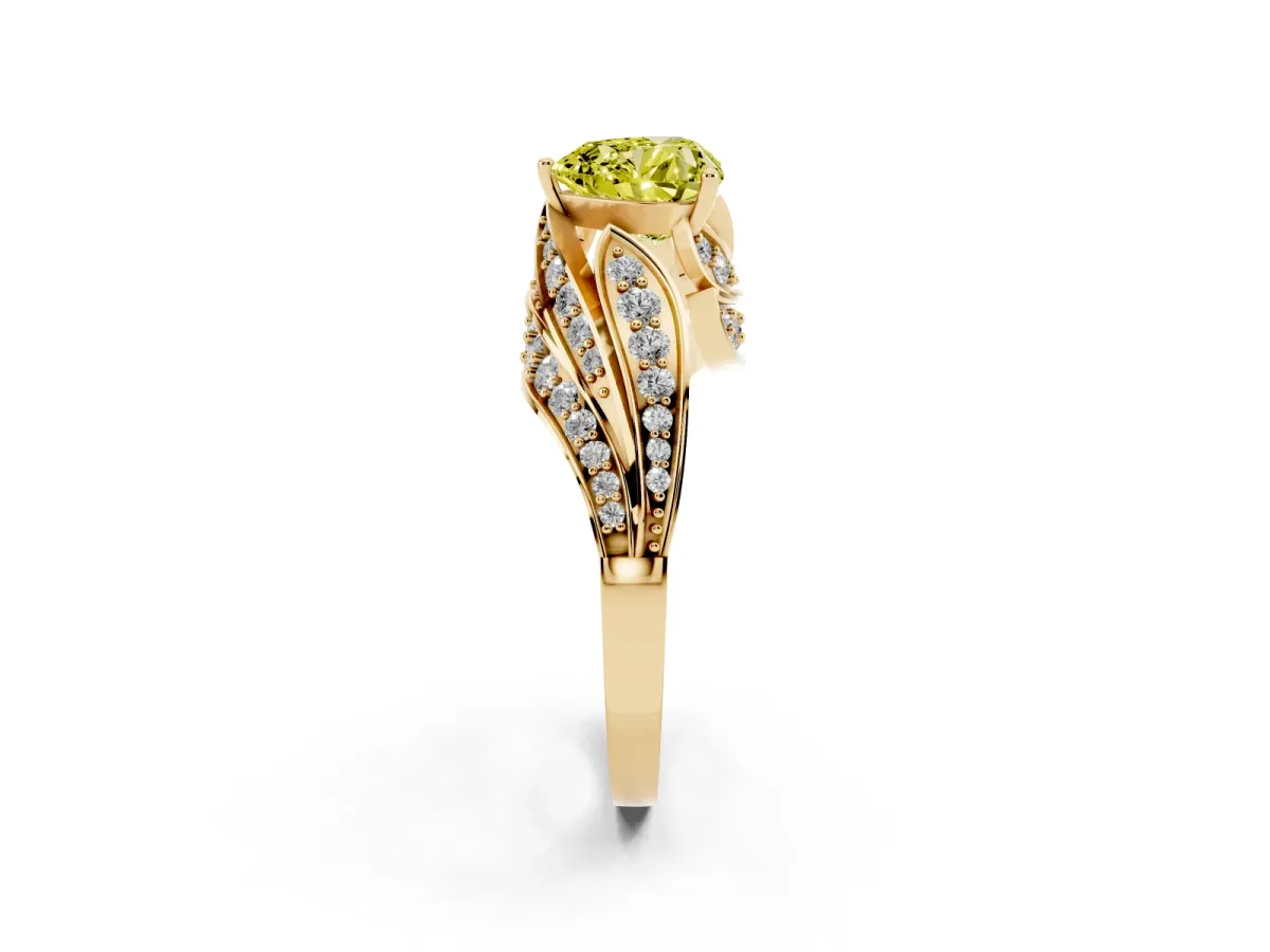 Fancy Yellow Heart Cut Diamond Solitaire Ring with Prong Setting and Twisted Pavé Band Yellow gold