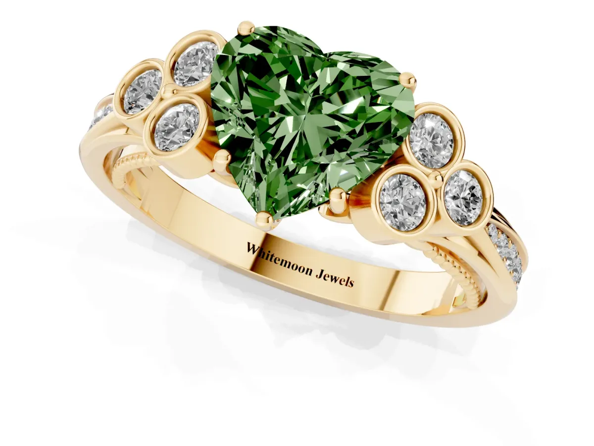 Fancy Green Heart Cut Cut Diamond Engagement Ring with Bezel Set Round Side Stones and Prong Setting Yellow gold