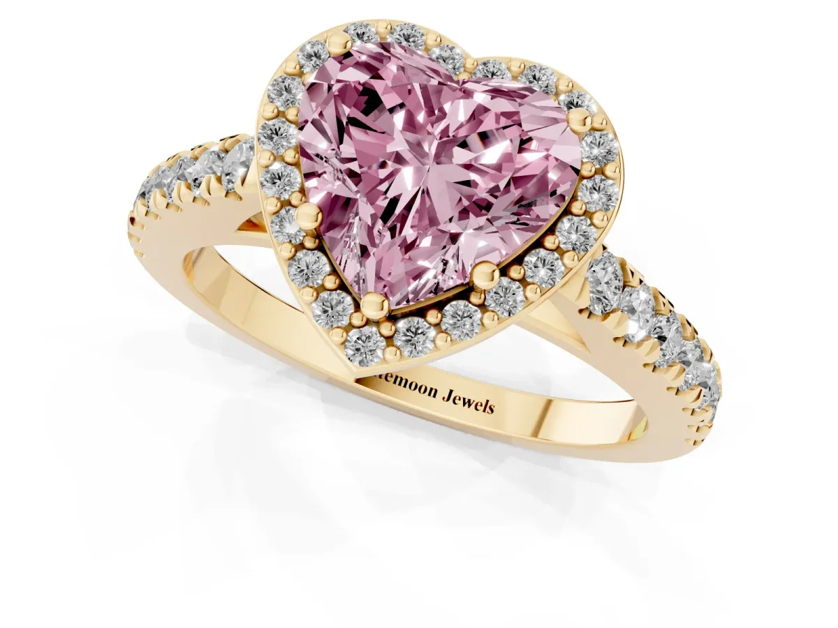 Fancy Pink Heart Cut Cut Halo Diamond Engagement Ring with Pave Band and Four-Prong Setting Yellow gold