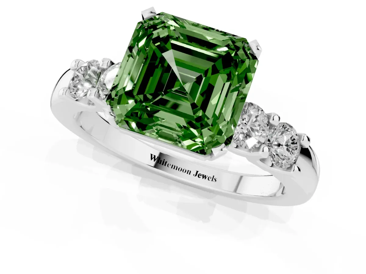 Fancy Green Asscher Cut Brilliant Cut Diamond Five-Stone Prong Set Engagement Ring with Channel Band Silver