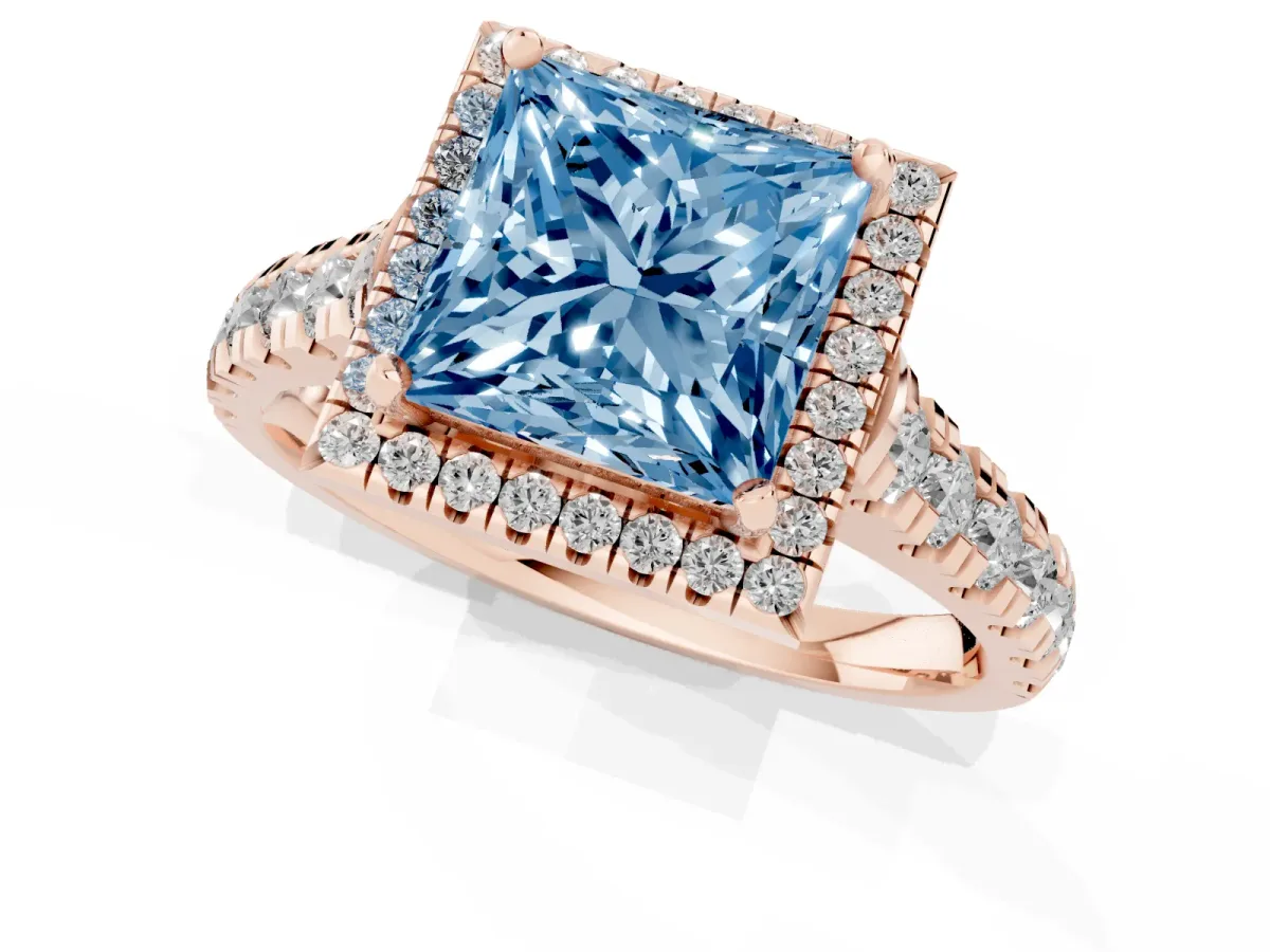 Fancy Blue Princess Cut Halo Pavé Diamond Engagement Ring with Four-Prong Setting Rose gold