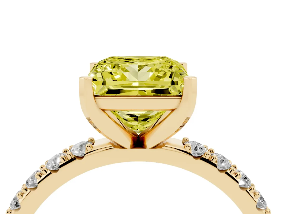 Fancy Yellow Princess Cut Diamond Solitaire Pavé Band with Four-Prong Setting Yellow gold