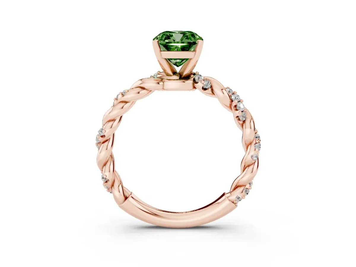 Fancy Green Cushion Cut Diamond Solitaire Ring with Twisted Band and Pavé Accents Rose gold