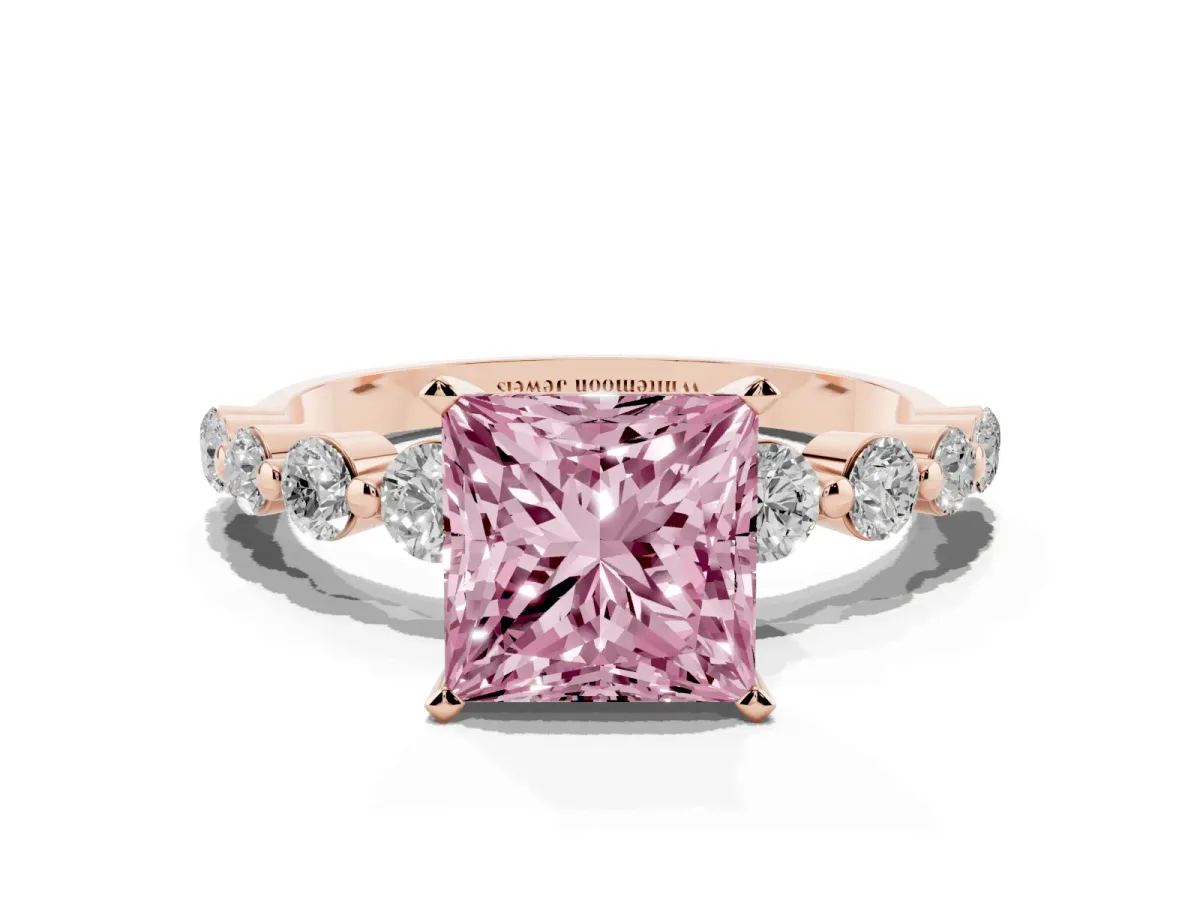 Fancy Pink Princess Cut Solitaire Diamond Ring with Pave Band and Four-Prong Setting Rose gold