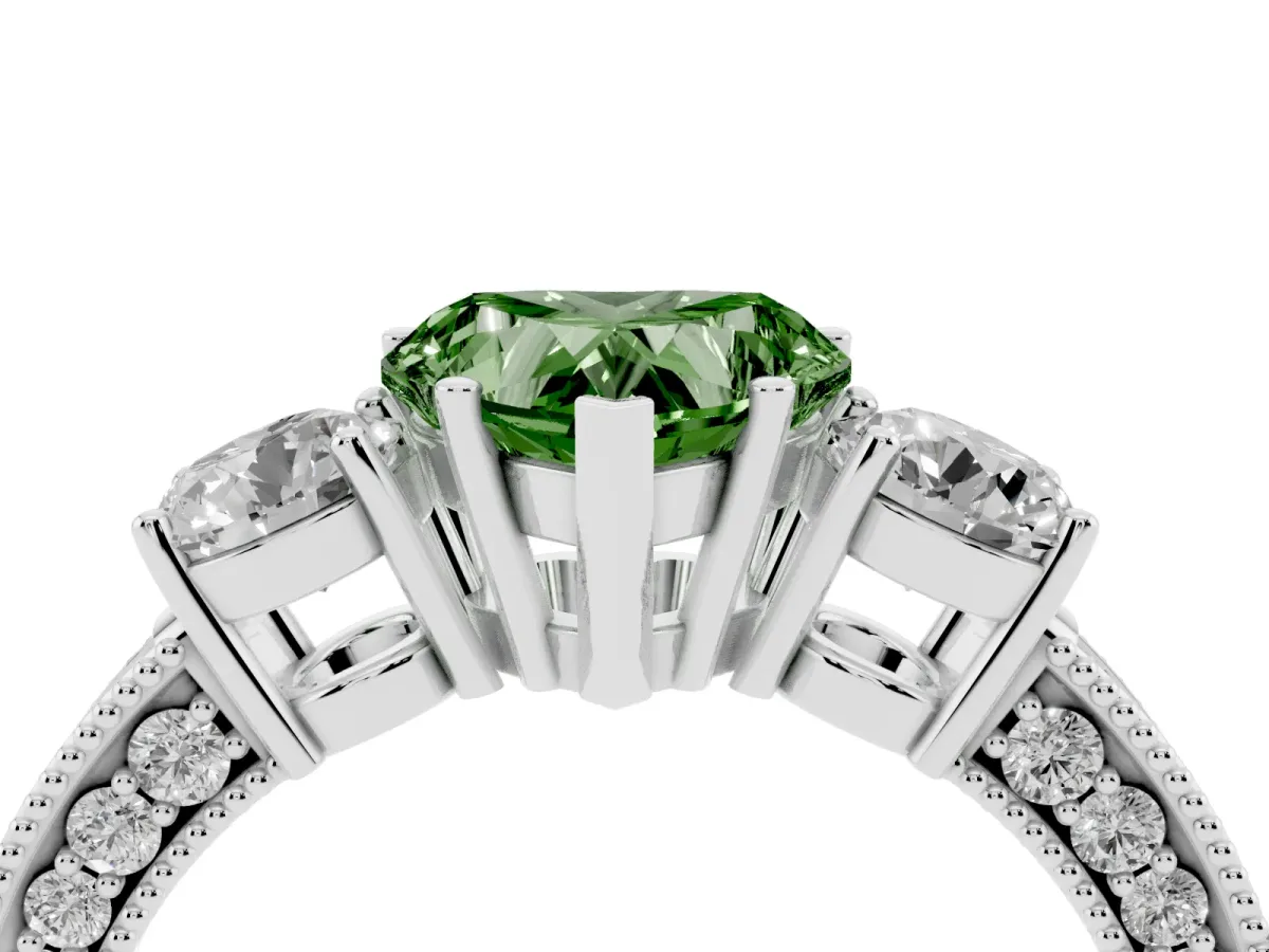 Fancy Green Heart Cut Three-Stone Diamond Ring with Pavé Band and Four-Prong Setting Silver