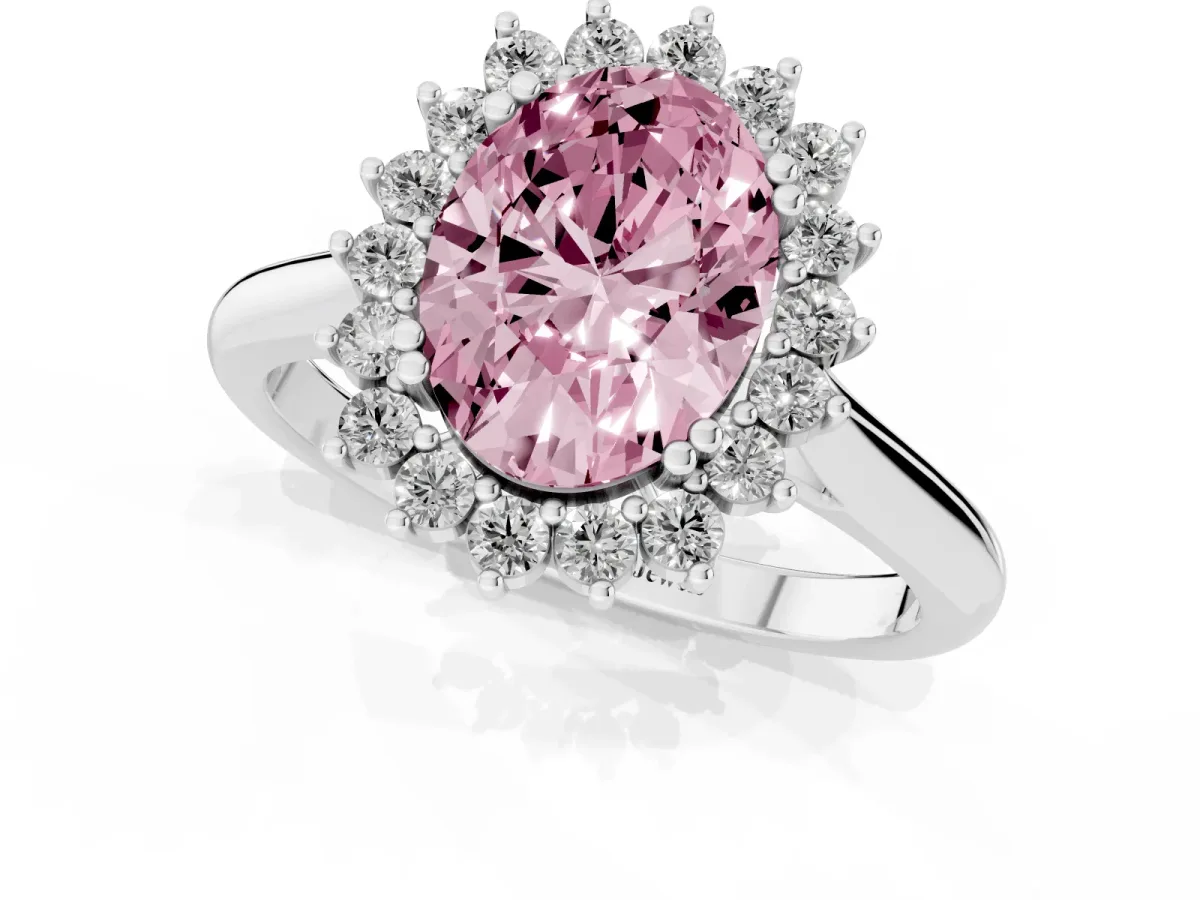 Fancy Pink Oval Cut Cut Diamond Halo Ring with Solitaire Band and Prong Setting Silver