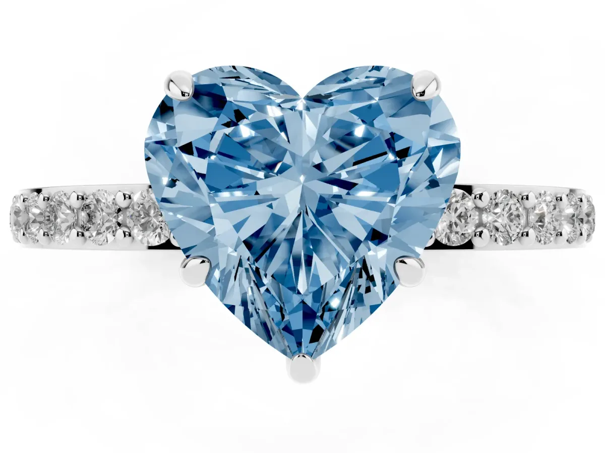 Fancy Blue Heart Cut Diamond Pavé Engagement Ring with Round Accents and Prong Setting Silver