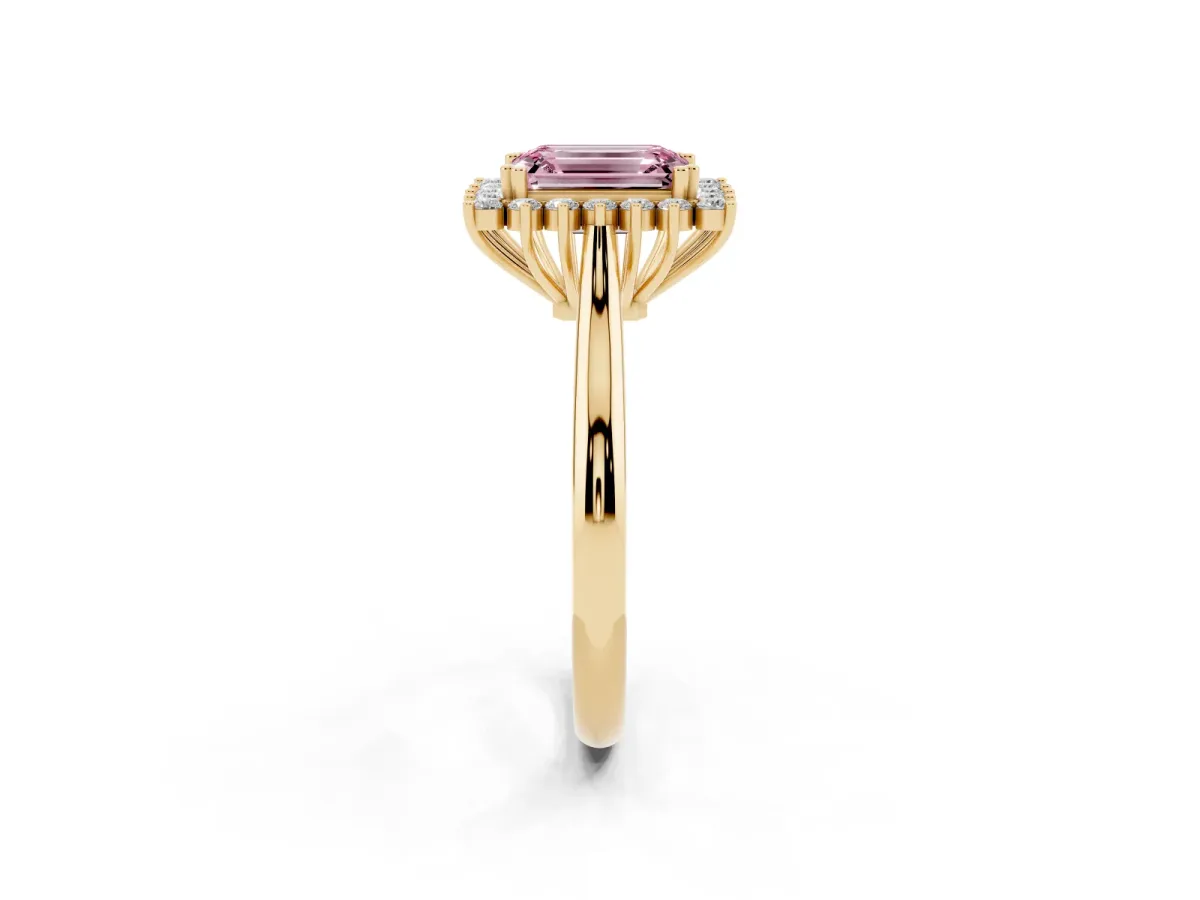 Fancy Pink Emerald Cut Cut Diamond Halo Ring with Solitaire Band and Prong Setting Yellow gold