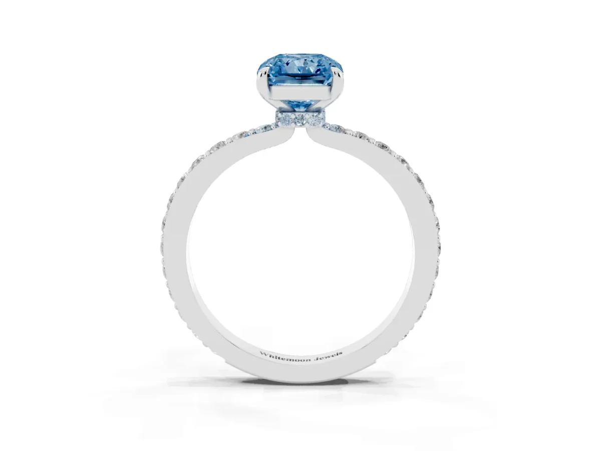 Fancy Blue Radiant Cut Diamond Pavé Engagement Ring with Round Accents and Prong Setting Silver