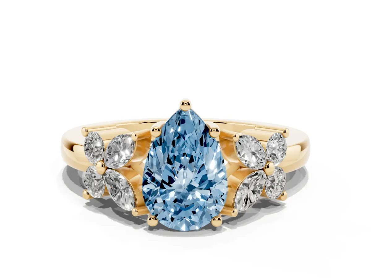 Fancy Blue Pear Cut Diamond Floral Cluster Ring with Solitaire Band and Prong Setting Yellow gold