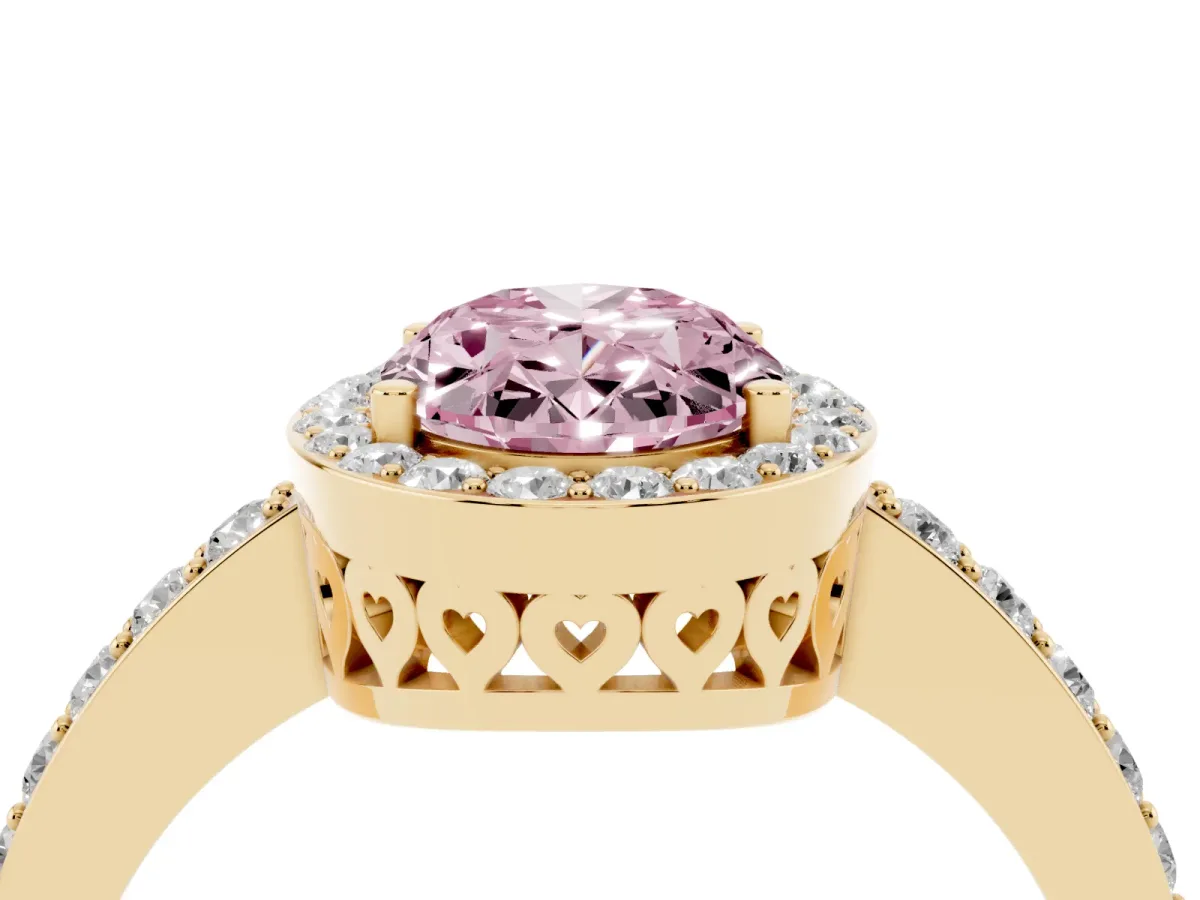 Fancy Pink Oval Cut Halo Diamond Pavé Band Ring with Prong Setting Yellow gold