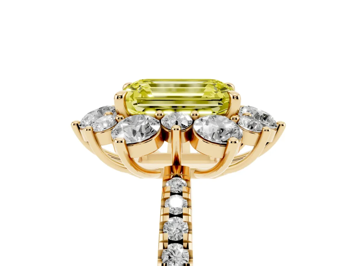 Fancy Yellow Emerald Cut Diamond Floral Halo Ring with Round Pavé Band and Prong Setting Yellow gold