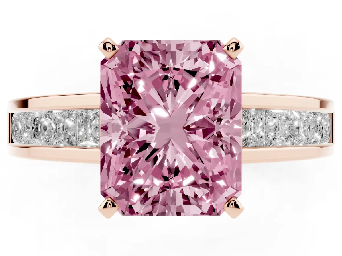 Fancy Pink Radiant Cut Solitaire Diamond Ring with Channel-Set Band and Four-Prong Setting Rose gold