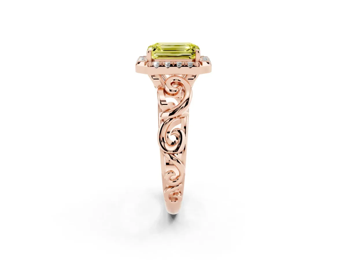 Fancy Yellow Emerald Cut Cut Halo Diamond Ring with Scrollwork Band and Four-Prong Setting Rose gold
