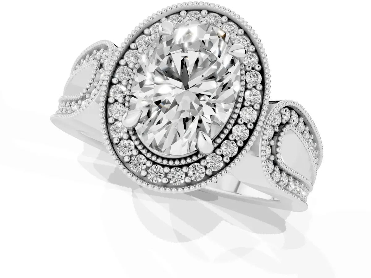 Oval Cut Halo Split Shank Milgrain Diamond Ring White gold