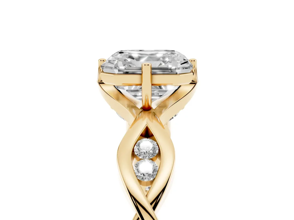 Asscher Cut Solitaire Twist Band with Leaf Prong Setting Yellow gold