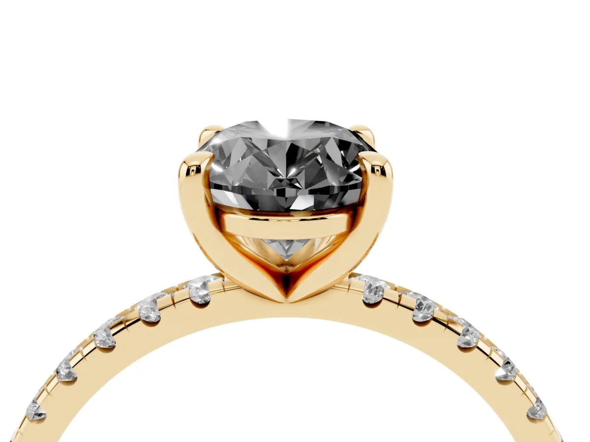 Fancy Black Oval Cut Diamond Brilliant Solitaire Ring with Pavé Band and Four-Prong Setting Yellow gold