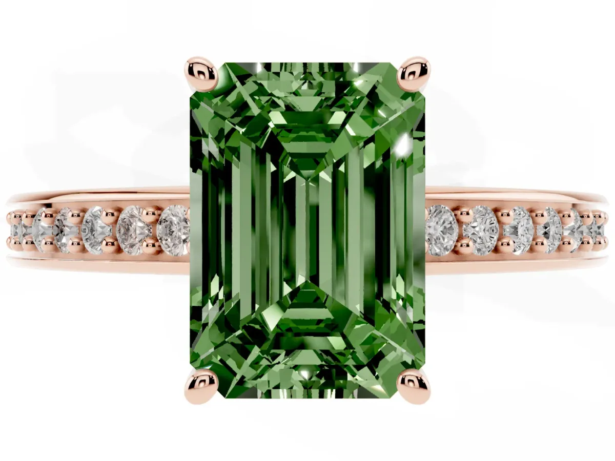 Fancy Green Emerald Cut Solitaire Pavé Band Prong Setting Ring Rose gold