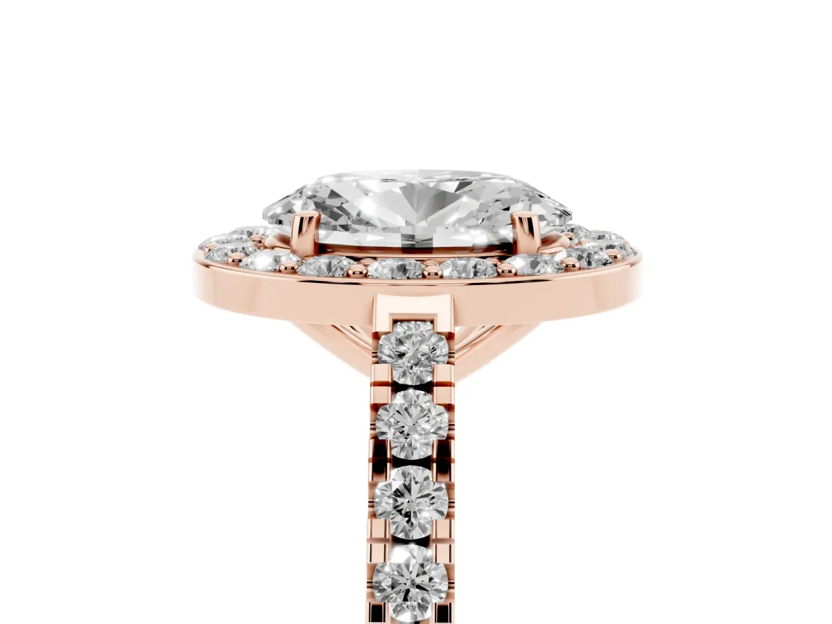 Oval Cut Diamond Halo Ring with Round Pavé Split Shank and Prong Setting Rose gold