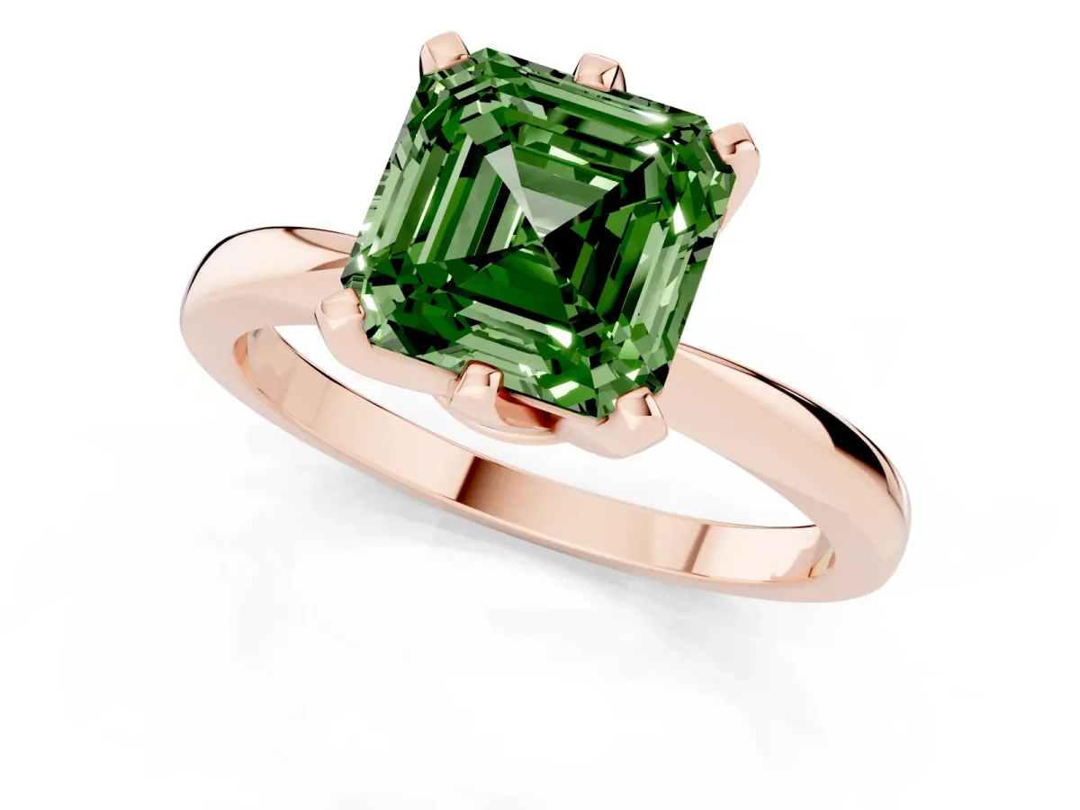 Fancy Green Asscher Cut Solitaire Engagement Ring with Six-Prong Setting and Tapered Band Rose gold