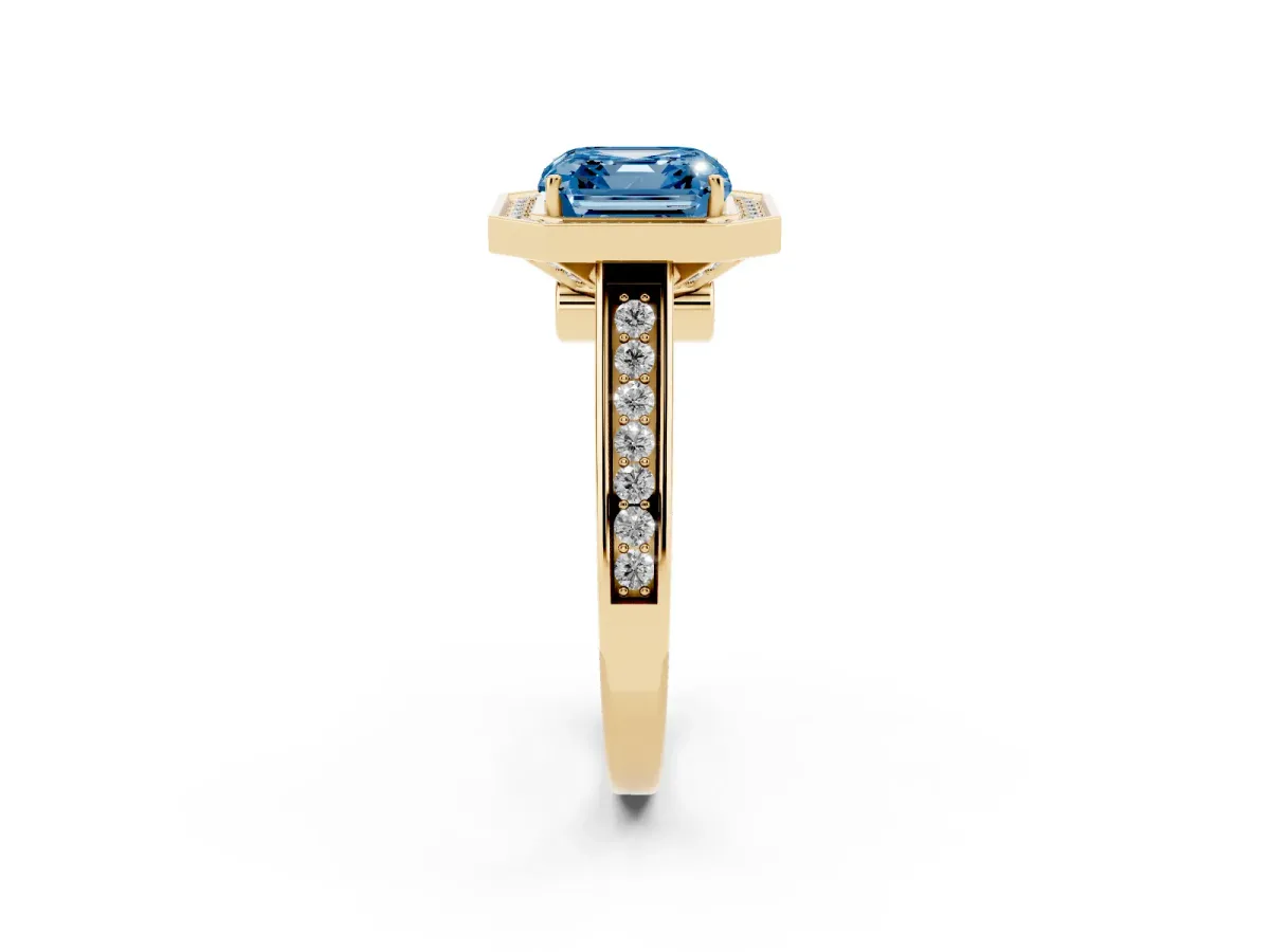 Fancy Blue Asscher Cut Halo Solitaire Diamond Ring with Pave Band and Bezel Setting Yellow gold