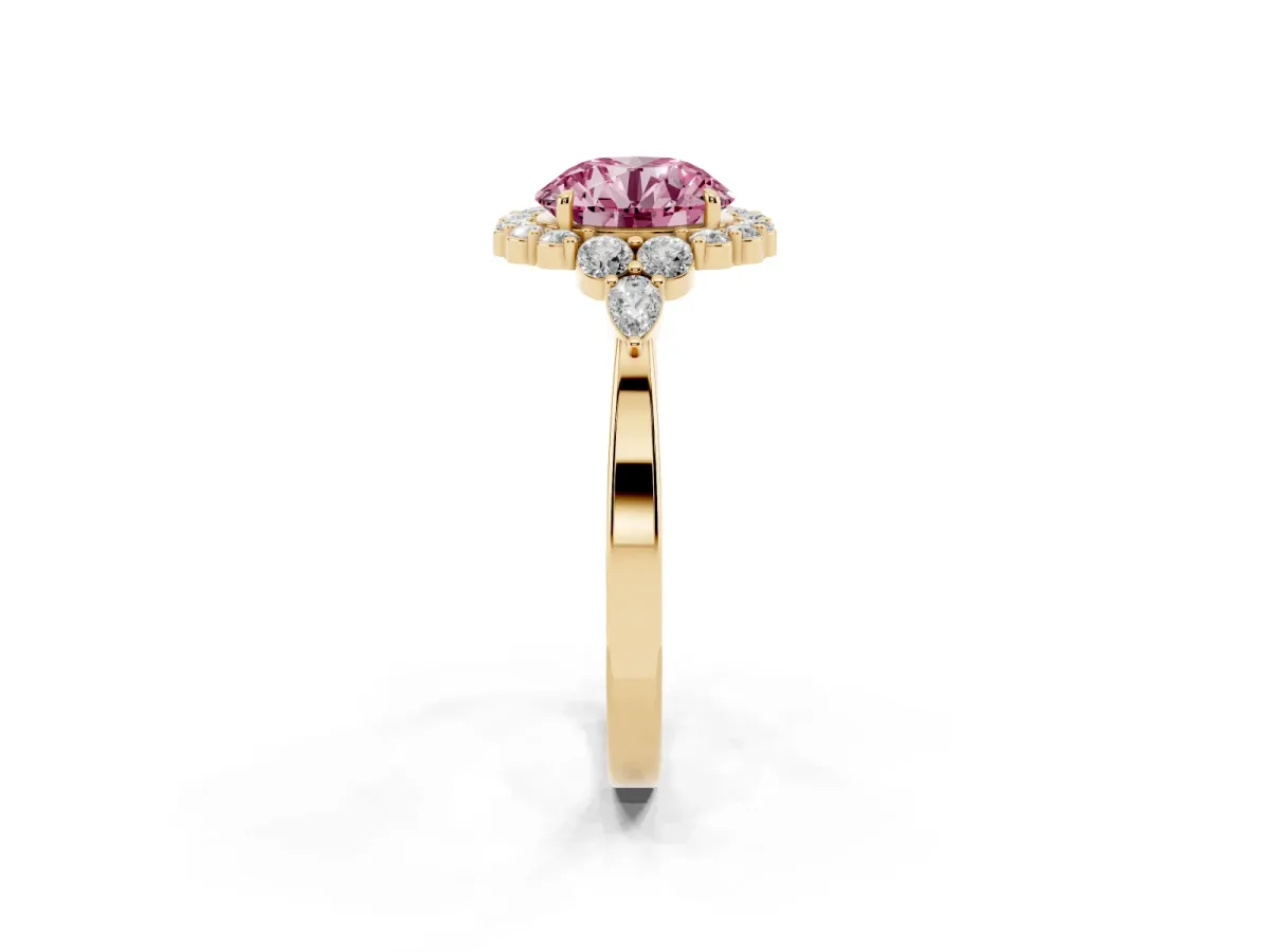 Fancy Pink Round Cut Diamond Halo Ring with Pear Side Stones and Prong Setting Yellow gold