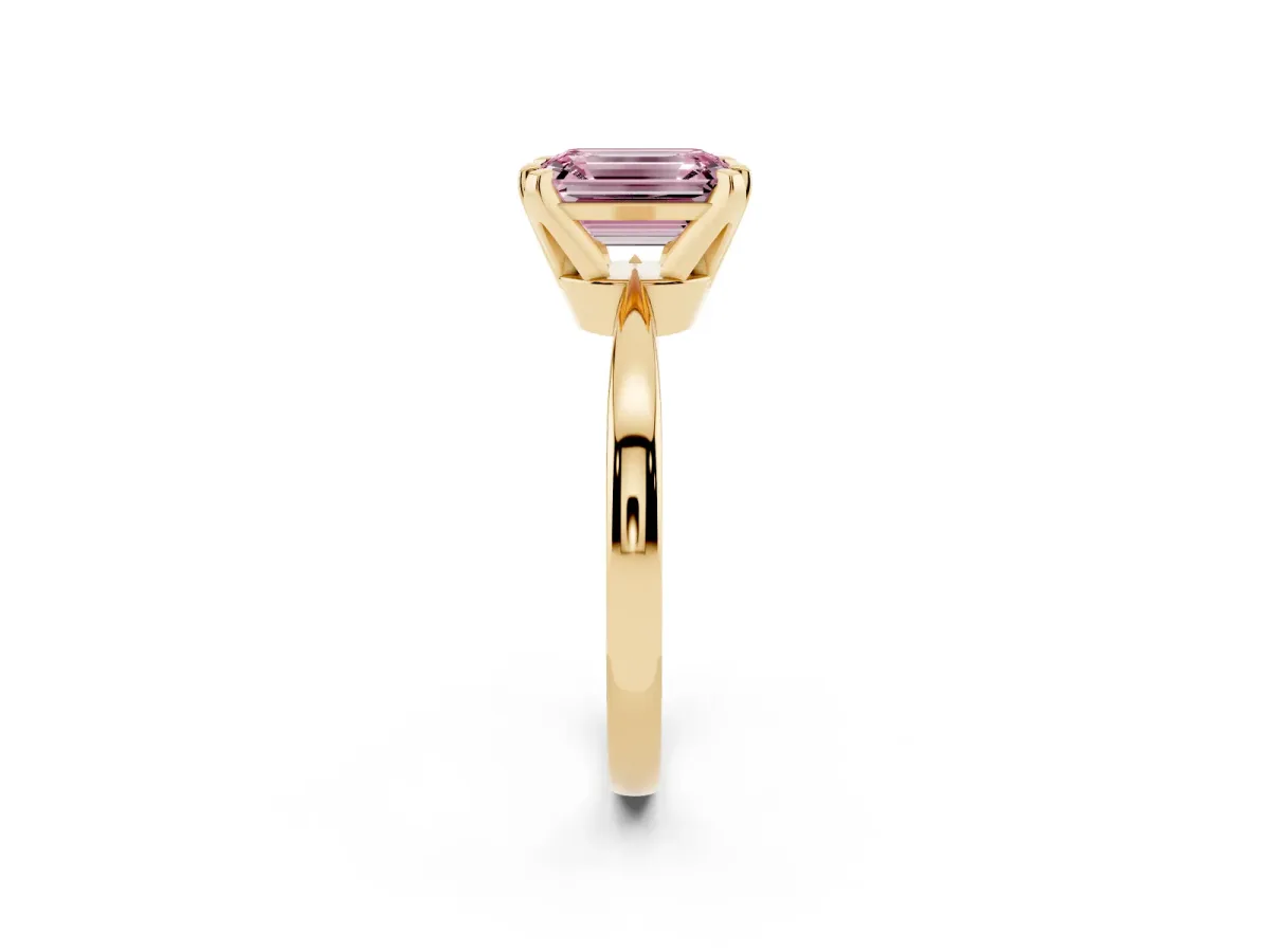 Fancy Pink Emerald Cut Solitaire Engagement Ring with Six-Prong Setting and Tapered Band Yellow gold