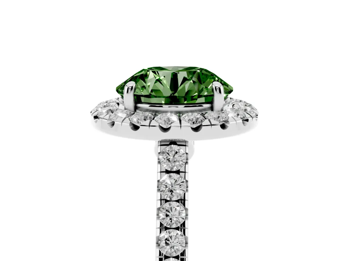 Fancy Green Round Cut Halo Pave Diamond Engagement Ring with Four-Prong Setting White gold